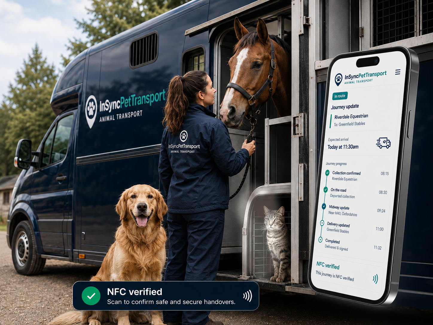 Animal transport handler with horse, dog, cat and NFC journey update phone